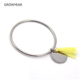 Round Pendant Cord Tassel Bangle Bracelet Stainless Steel