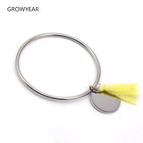 Round Pendant Cord Tassel Bangle Bracelet Stainless Steel
