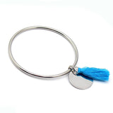 Round Pendant Cord Tassel Bangle Bracelet Stainless Steel