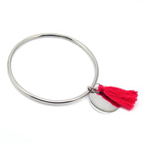 Round Pendant Cord Tassel Bangle Bracelet Stainless Steel