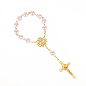 10pcs Pearl Beads Catholic Rosary Communion Bracelet Golden Wings Crucifix