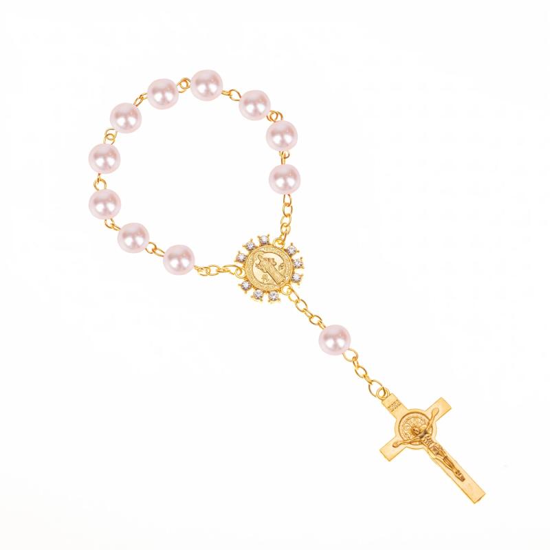 10pcs Pearl Beads Catholic Rosary Communion Bracelet Golden Wings Crucifix