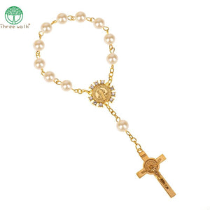 10pcs Pearl Beads Catholic Rosary Communion Bracelet Golden Wings Crucifix