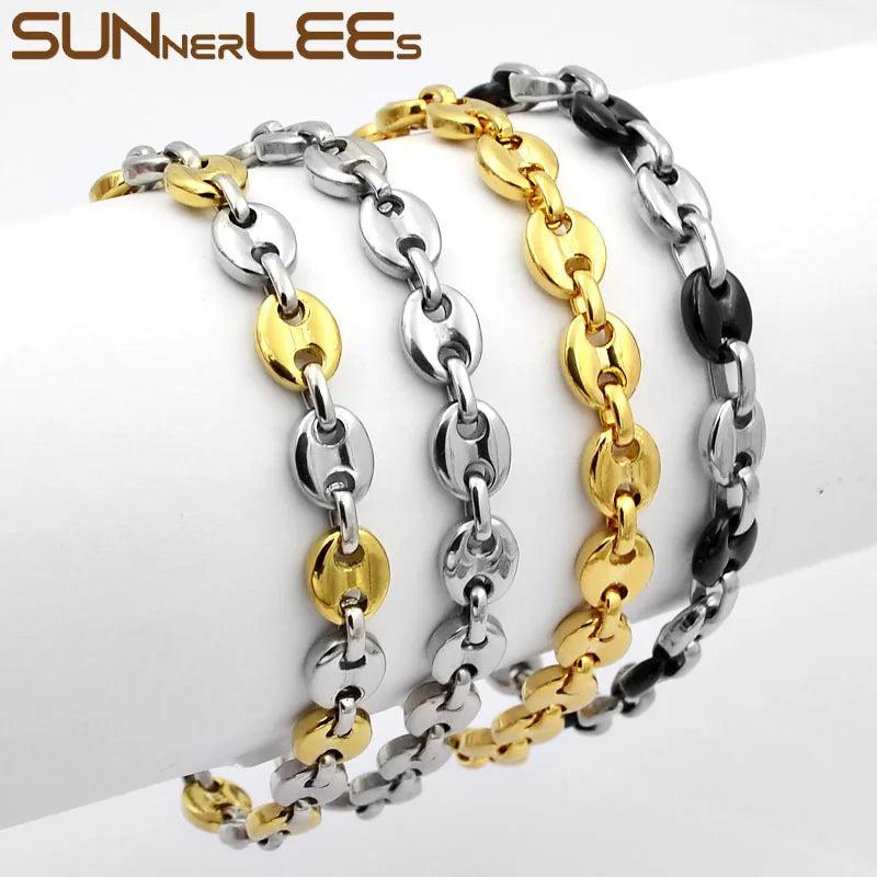316L Stainless Steel Coffee Beans Link Chain Bracelet Silver Plated SC13