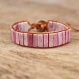 Natural Rhodonite Stone Tube Beads Leather Wrap Bracelet
