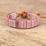 Natural Rhodonite Stone Tube Beads Leather Wrap Bracelet