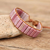 Natural Rhodonite Stone Tube Beads Leather Wrap Bracelet