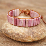 Natural Rhodonite Stone Tube Beads Leather Wrap Bracelet