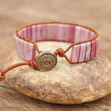 Natural Rhodonite Stone Tube Beads Leather Wrap Bracelet