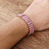 Natural Rhodonite Stone Tube Beads Leather Wrap Bracelet
