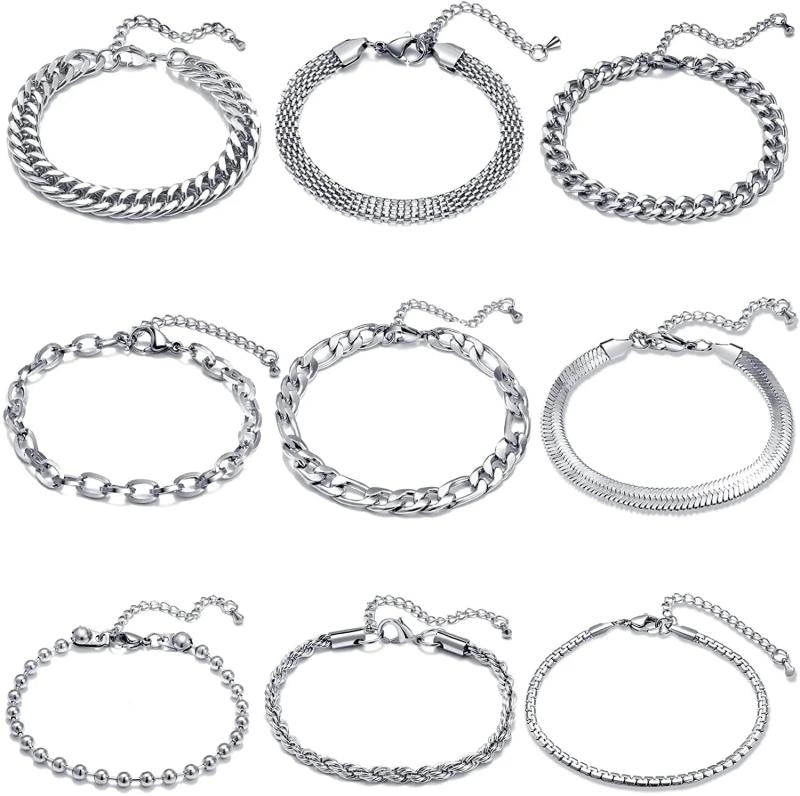 9pcs Stainless Steel Chain Bracelet Set Gold/Silver Cuban Link Adjustable