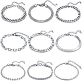 9pcs Stainless Steel Chain Bracelet Set Gold/Silver Cuban Link Adjustable