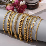 9pcs Stainless Steel Chain Bracelet Set Gold/Silver Cuban Link Adjustable