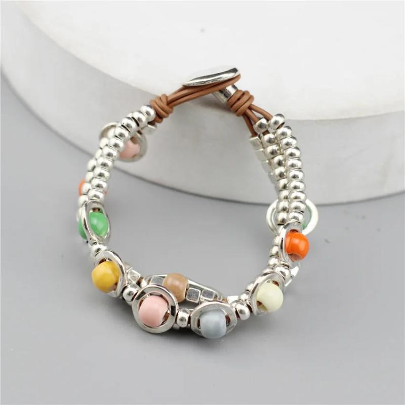 Colorful Ceramic Beads Leather Bracelet Antique Silver Plated Christmas