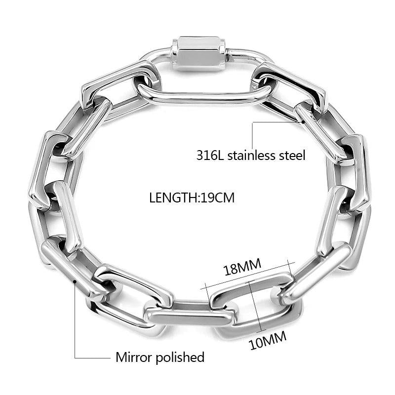 Chunky Chain Stainless Steel Bracelet Big Lock Charm Thick Rectangular Link