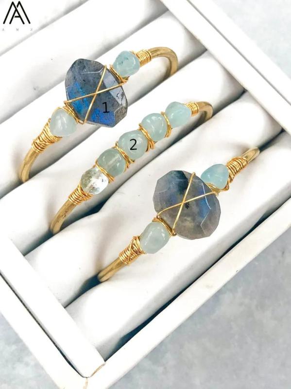 Labradorite Stone Nugget Beads Cuff Bangles with Aquamarines Round Beads