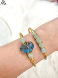 Labradorite Stone Nugget Beads Cuff Bangles with Aquamarines Round Beads