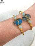 Labradorite Stone Nugget Beads Cuff Bangles with Aquamarines Round Beads
