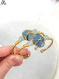 Labradorite Stone Nugget Beads Cuff Bangles with Aquamarines Round Beads