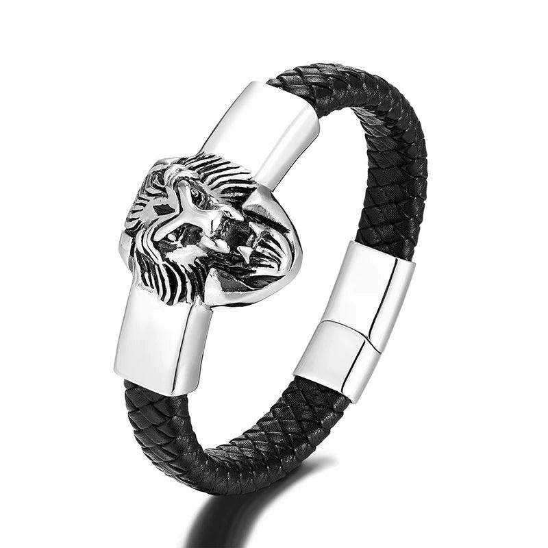 Lion Head Men Bracelet Stainless Steel Leather Wristband