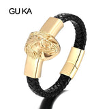 Lion Head Men Bracelet Stainless Steel Leather Wristband