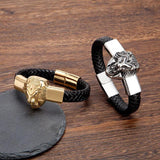 Lion Head Men Bracelet Stainless Steel Leather Wristband