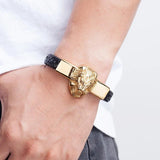 Lion Head Men Bracelet Stainless Steel Leather Wristband