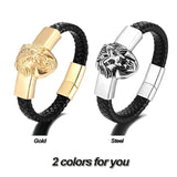 Lion Head Men Bracelet Stainless Steel Leather Wristband