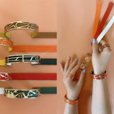 Retro PU Leather Bracelet for Women Hollow Metal Bangles