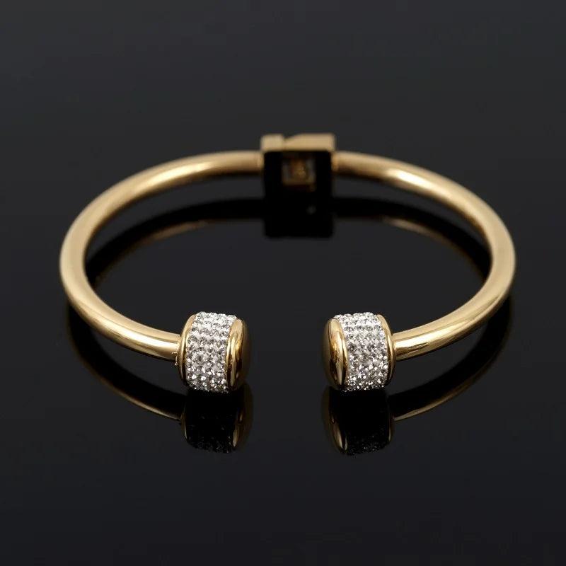 Gold-Plated CZ Crystal Women Bracelet Stainless Steel Cuff Bangle
