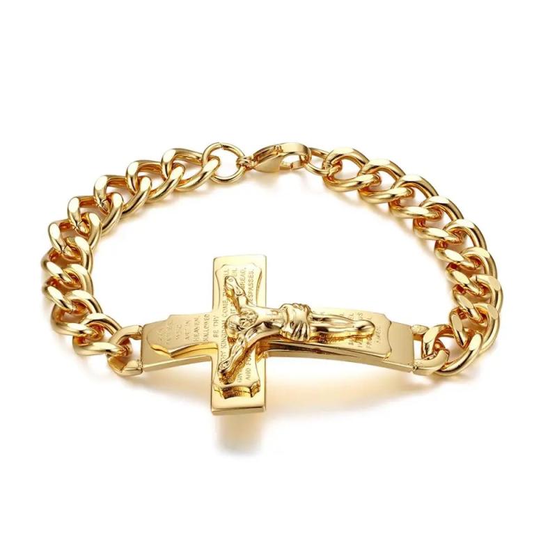 Men Stainless Steel Cross Charm Cuff Bangle Bracelet