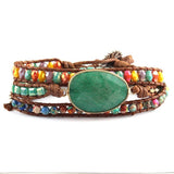 Green/Purple Natural Stones 3 Strands Leather Wrap Bracelet