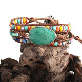 Green/Purple Natural Stones 3 Strands Leather Wrap Bracelet