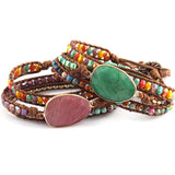Green/Purple Natural Stones 3 Strands Leather Wrap Bracelet