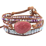 Green/Purple Natural Stones 3 Strands Leather Wrap Bracelet