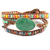 Green/Purple Natural Stones 3 Strands Leather Wrap Bracelet