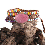 Green/Purple Natural Stones 3 Strands Leather Wrap Bracelet