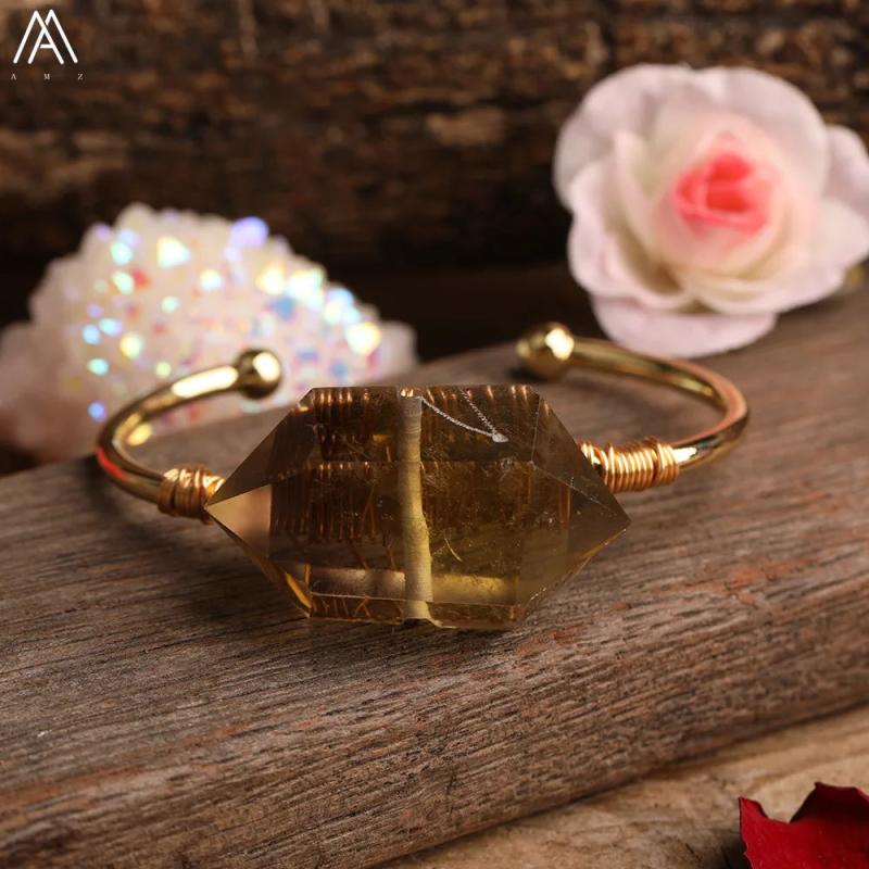 Women Citrines Quartz Wristband Bracelet Natural Stones Copper Bangle