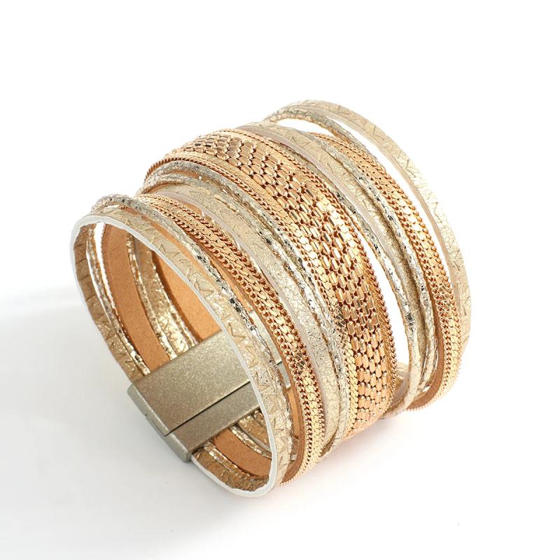 Leather Wrap Bracelet Boho Chain Layered Wide Cuff Gift Jewelry
