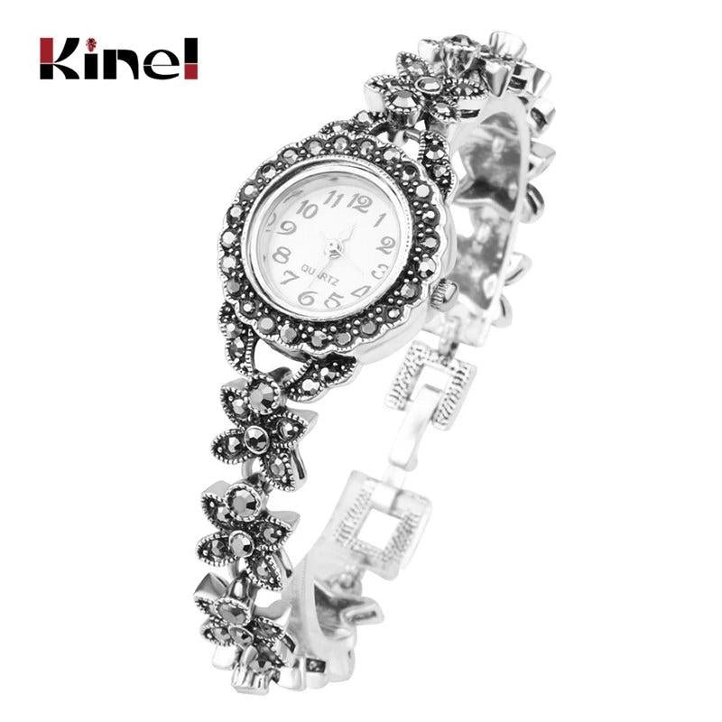 Kinel Floral Crystal Bracelets Silver Plated Decorative Watch Retro Look