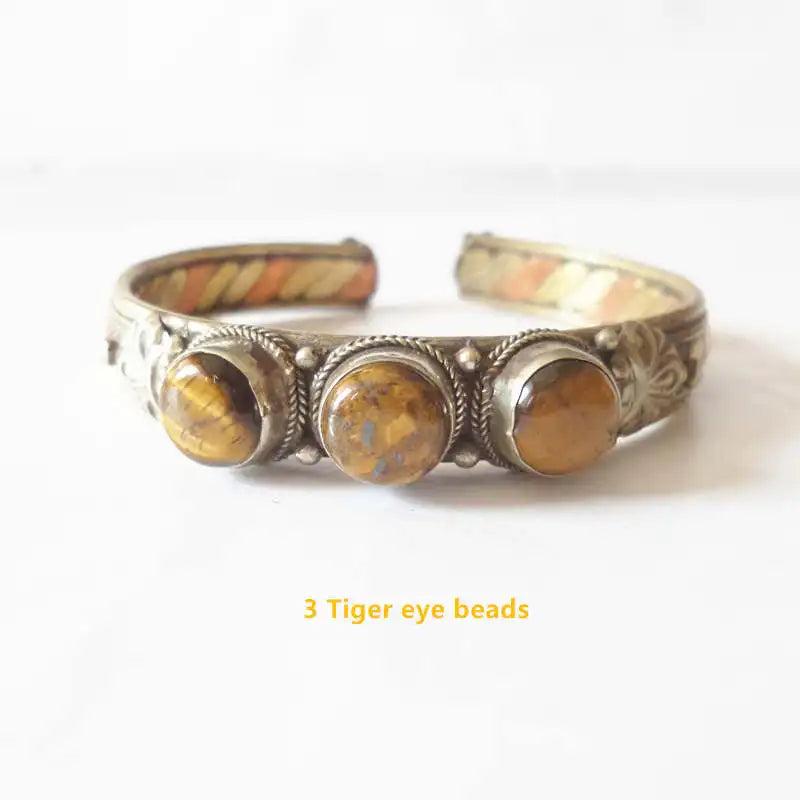Indian Rose Copper Stone Beads Cuff Bangle Lapis Lazuli Tiger Eye Nepal Vintage
