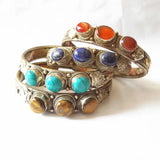Indian Rose Copper Stone Beads Cuff Bangle Lapis Lazuli Tiger Eye Nepal Vintage