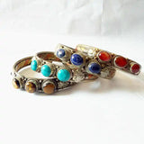 Indian Rose Copper Stone Beads Cuff Bangle Lapis Lazuli Tiger Eye Nepal Vintage