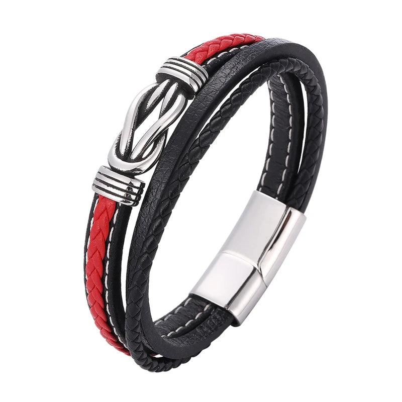 FORTAFY Red Leather Bracelets Men Multilayer Braided Rope Wristband