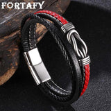 FORTAFY Red Leather Bracelets Men Multilayer Braided Rope Wristband