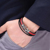 FORTAFY Red Leather Bracelets Men Multilayer Braided Rope Wristband