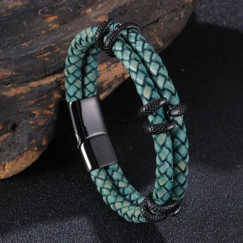 Men Bracelet Stainless Steel Braided Rope Vintage Leather Dragon Claw