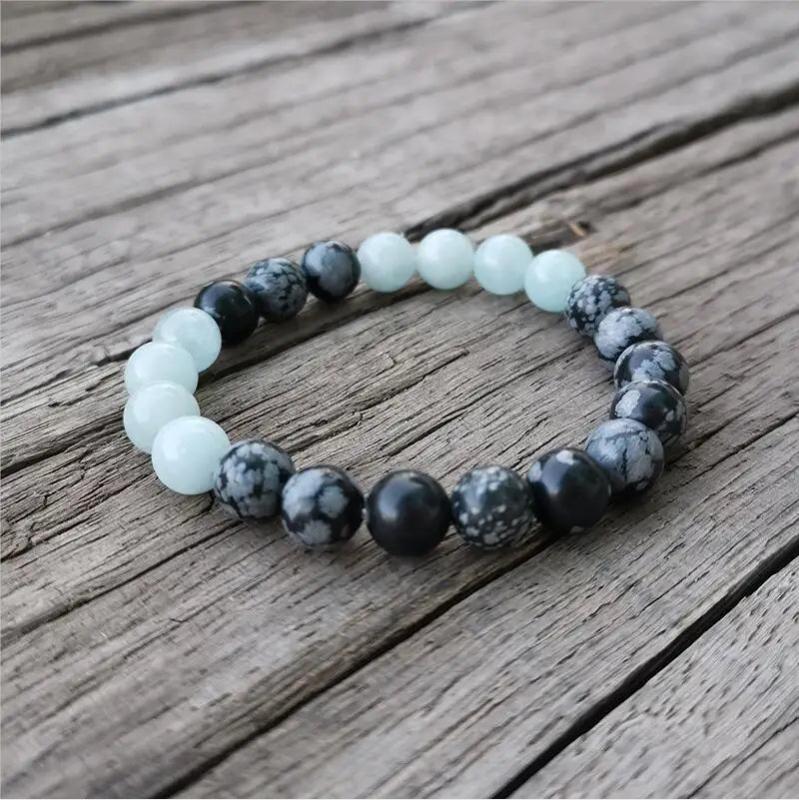 8mm Aquamarine Snowflake Obsidian Prayer Bracelet