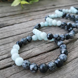 8mm Aquamarine Snowflake Obsidian Prayer Bracelet