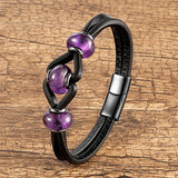 Natural Amethyst Crystal Stone Bracelet Leather Rope Stainless Steel Men Women